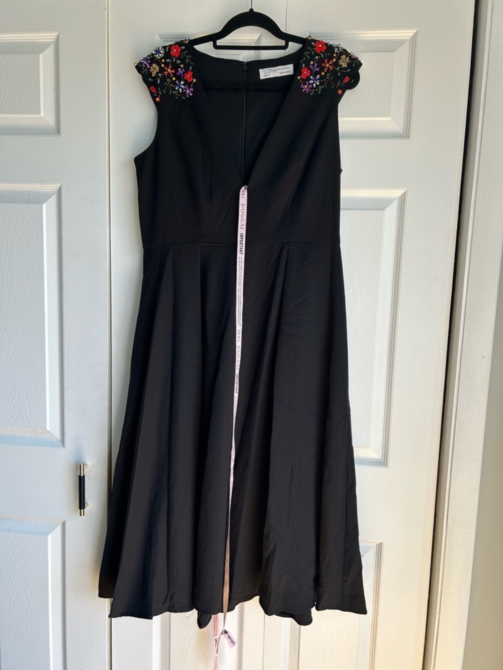 Ieena Mac Duggal Black Plunge Neck Beaded Shoulder Midi Dress - Picture 5 of 5